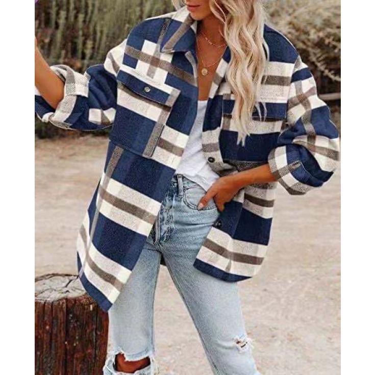 Autumn and Winter Women's Clothing Autumn and Winter Long Sleeve Lapel Loose Plaid Wool Coat